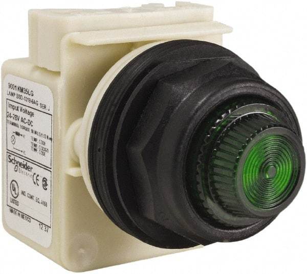 Schneider Electric - 24 V, 28 V Green Lens LED Indicating Light - Round Lens, Screw Clamp Connector, Corrosion Resistant, Dust Resistant, Oil Resistant - Exact Tool & Supply