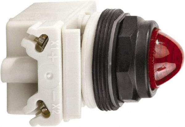 Schneider Electric - 120 VAC/VDC Red Lens LED Pilot Light - Round Lens, Screw Clamp Connector, 54mm OAL x 42mm Wide, Vibration Resistant - Exact Tool & Supply