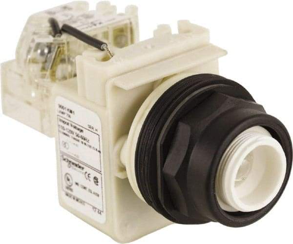 Schneider Electric - 110 VAC at 50/60 Hz via Transformer, 120 VAC at 50/60 Hz via Transformer Press-to-Test Indicating Light - Round Lens, Screw Clamp Connector, Corrosion Resistant, Dust Resistant, Oil Resistant - Exact Tool & Supply