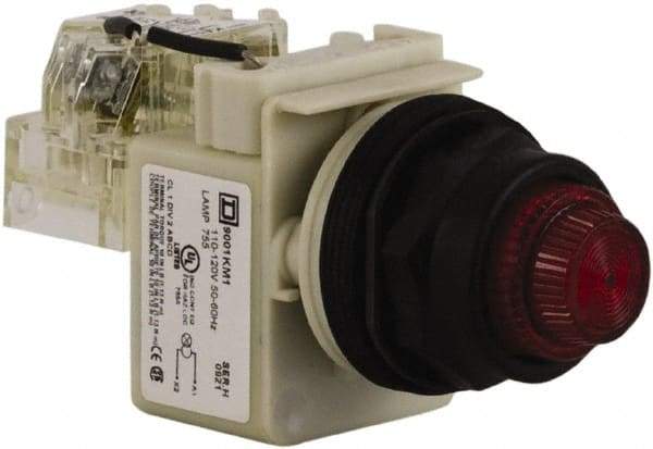 Schneider Electric - 110 VAC at 50/60 Hz via Transformer, 120 VAC at 50/60 Hz via Transformer Red Lens Press-to-Test Indicating Light - Round Lens, Screw Clamp Connector, Corrosion Resistant, Dust Resistant, Oil Resistant - Exact Tool & Supply