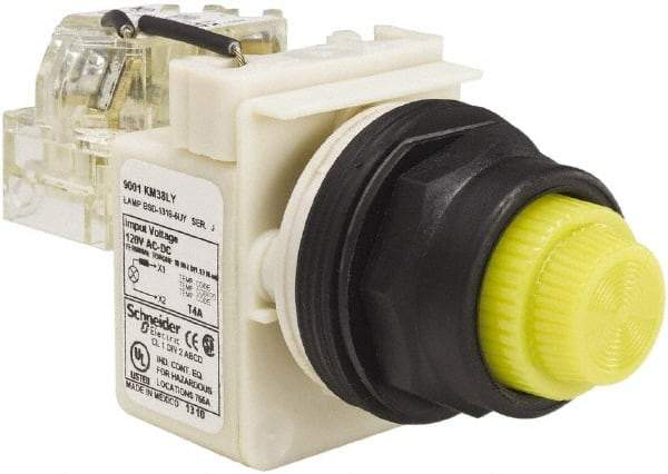 Schneider Electric - 120 V Yellow Lens LED Press-to-Test Indicating Light - Round Lens, Screw Clamp Connector, Corrosion Resistant, Dust Resistant, Oil Resistant - Exact Tool & Supply