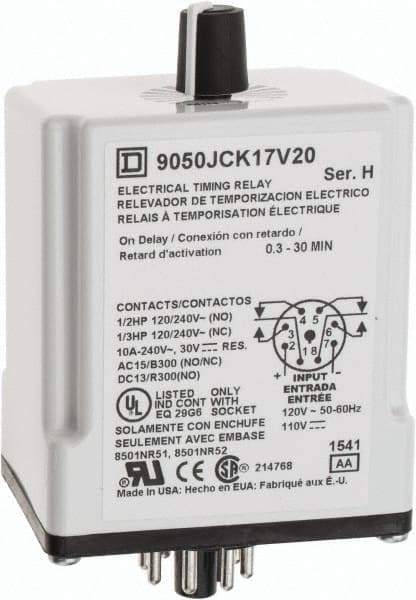 Square D - 0.3 to 30 min Delay, DPDT Time Delay Relay - 10 Contact Amp, 110 VDC & 120 VAC - Exact Tool & Supply