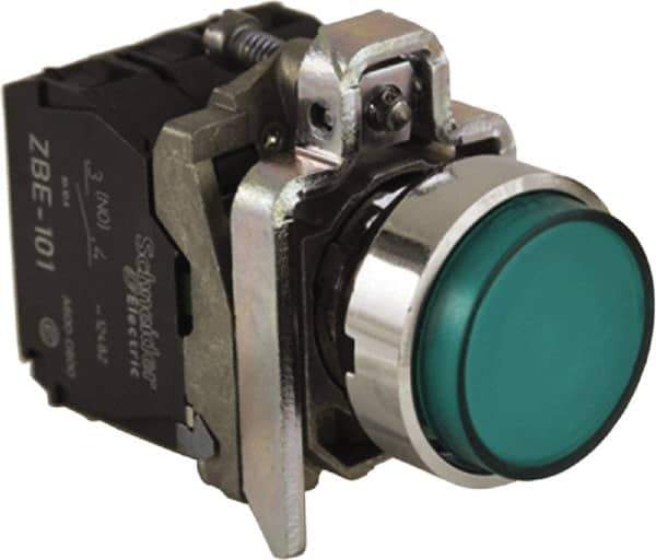 Schneider Electric - 0.87 Inch Mount Hole, Extended Straight, Pushbutton Switch - Round, Green Pushbutton, Illuminated, Momentary (MO), Anticorrosive, Dust Resistant and Vaportight - Exact Tool & Supply