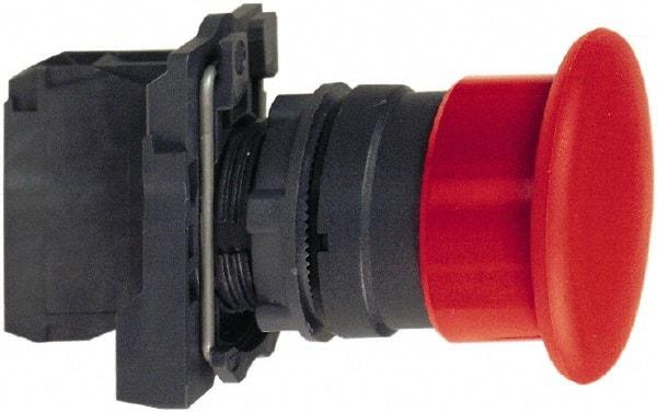 Schneider Electric - 22mm Mount Hole, Extended Mushroom Head, Pushbutton Switch with Contact Block - Round, Black Pushbutton, Momentary (MO) - Exact Tool & Supply