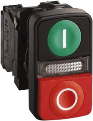 Schneider Electric - 22mm Mount Hole, Extended Straight, Flush, Pushbutton Switch Only - Rectangle, Green and Red Pushbutton, Illuminated, Momentary (MO), On-Off, Shock and Vibration Resistant - Exact Tool & Supply