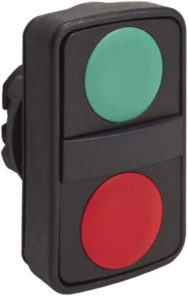 Schneider Electric - 22mm Mount Hole, Extended Straight, Flush, Pushbutton Switch Only - Rectangle, Green and Red Pushbutton, Nonilluminated, Momentary (MO), On-Off, Shock and Vibration Resistant - Exact Tool & Supply