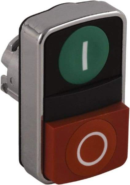 Schneider Electric - 22mm Mount Hole, Extended Straight, Flush, Pushbutton Switch Only - Rectangle, Green and Red Pushbutton, Nonilluminated, Momentary (MO), On-Off, Shock and Vibration Resistant - Exact Tool & Supply