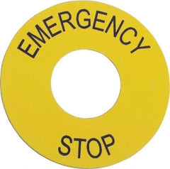 Schneider Electric - Round, PVC Legend Plate - Emergency Stop - Yellow Background, 60mm Hole Diameter - Exact Tool & Supply
