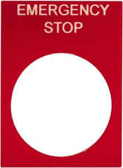 Schneider Electric - Rectangular, PVC Legend Plate - Emergency Stop - Red Background, White Letters, 22mm Hole Diameter, 30mm Wide x 40mm High - Exact Tool & Supply