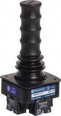 Schneider Electric - 2/4 Position, 10 Amp, 4.44 Inch Long, -40 to 140°F, Pushbutton Handle, Momentary (MO) Joystick Switch - 6.252 Inch High x 2.56 Inch Deep x 2.56 Inch Wide, 15 VDC, Panel Mount, IP65, 1.88 Inch Mount Hole Diameter - Exact Tool & Supply