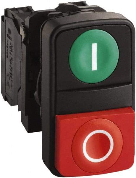 Schneider Electric - 22mm Mount Hole, Extended Straight, Flush, Pushbutton Switch Only - Rectangle, Green and Red Pushbutton, Nonilluminated, Momentary (MO), Shock and Vibration Resistant - Exact Tool & Supply