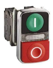 Schneider Electric - 22mm Mount Hole, Extended Straight, Flush, Pushbutton Switch Only - Rectangle, Green and Red Pushbutton, Illuminated, Momentary (MO), On-Off, Shock and Vibration Resistant - Exact Tool & Supply