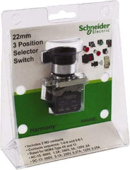 Schneider Electric - 22mm Mount Hole, 3 Position, Lever Operated, Selector Switch with Contact Blocks - Black, Maintained (MA), Nonilluminated, 1 Contact Block, 2NO - Exact Tool & Supply
