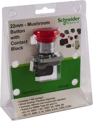 Schneider Electric - 22mm Mount Hole, Extended Mushroom Head, Pushbutton Switch with Contact Block - Round, Red Pushbutton, Nonilluminated - Exact Tool & Supply