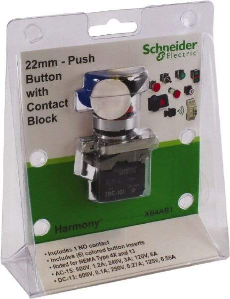 Schneider Electric - 22mm Mount Hole, Pushbutton Switch with Contact Block - Exact Tool & Supply