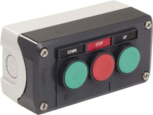 Schneider Electric - 3 Operator, Flush Pushbutton Control Station - Up-Stop-Down (Legend), Momentary Switch, 2NO/NC Contact, NEMA 13, 4X - Exact Tool & Supply