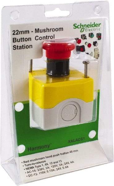 Schneider Electric - 1 Operator, Mushroom Head Control Station - No Legend, Turn to Release Switch, NC Contact, NEMA 1, 12, 13, 3, 3R, 4 - Exact Tool & Supply
