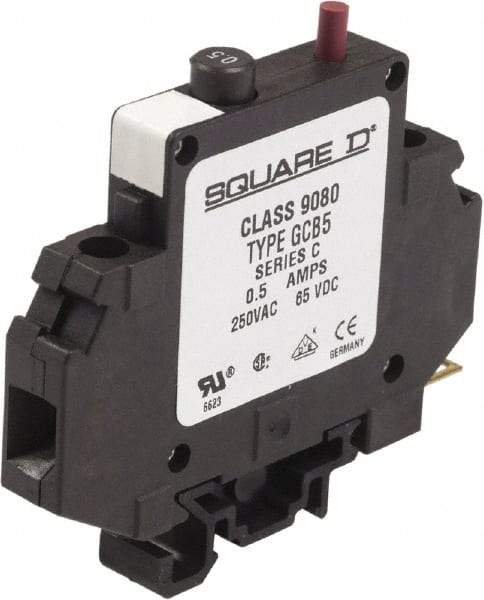 Square D - 0.50 Amp, 250 VAC, 65 VDC, 1 Pole, DIN Rail Mount Circuit Protector - Thermal Magnetic Trip, 16-10 AWG, 64mm Deep x 80mm High x - Exact Tool & Supply