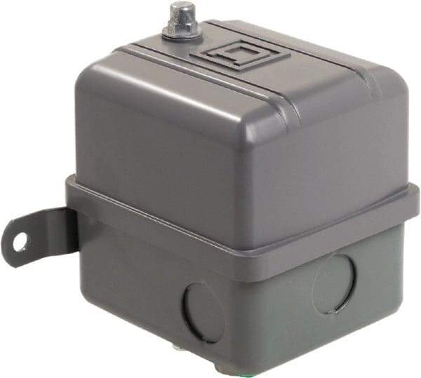 Square D - 1 NEMA Rated, DPST, 80 to 100 psig, Vacuum Switch Pressure and Level Switch - Adjustable Pressure, 575 VAC, 1/4 Inch NPSF Connector, Screw Terminal, For Use with Air Compressors, Electrically Driven Water Pumps - Exact Tool & Supply