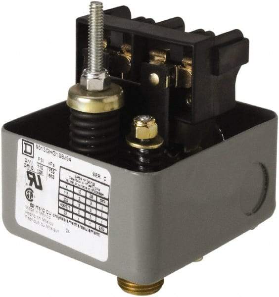 Square D - 1 NEMA Rated, DPST, 110 to 125 psig, Vacuum Switch Pressure and Level Switch - Adjustable Pressure, 575 VAC, 0.13 Inch NPSF Connector, Screw Terminal, For Use with Air Compressors, Electrically Driven Water Pumps - Exact Tool & Supply