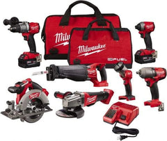 Milwaukee Tool - 18 Volt Cordless Tool Combination Kit - Includes Hammer Drill, Impact Driver, Reciprocating Saw, Circular Saw, Grinder, Work Light & 1/2" Impact Wrench, Lithium-Ion Battery Included - Exact Tool & Supply