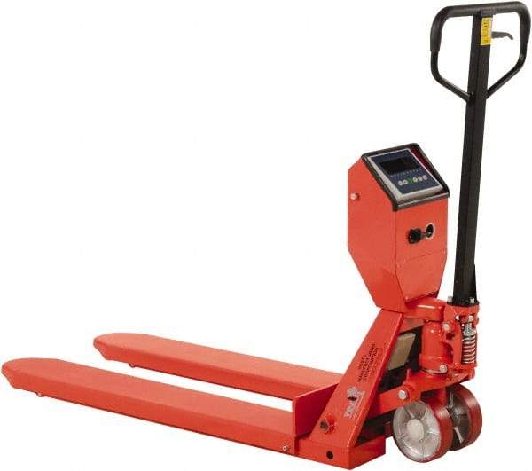 Vestil - 5,000 Lb Capacity, 7-1/2" Lift Scale Pallet Truck - 3" Min Lift Height, 48" Fork Length x 22-3/8" Fork Width, 22-1/2" Overall Width - Exact Tool & Supply
