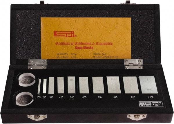 SPI - 10 Piece, 0.105 to 1", Grade 0, Steel Gage Block Set - Rectangular, 0.000006" Tolerance - Exact Tool & Supply