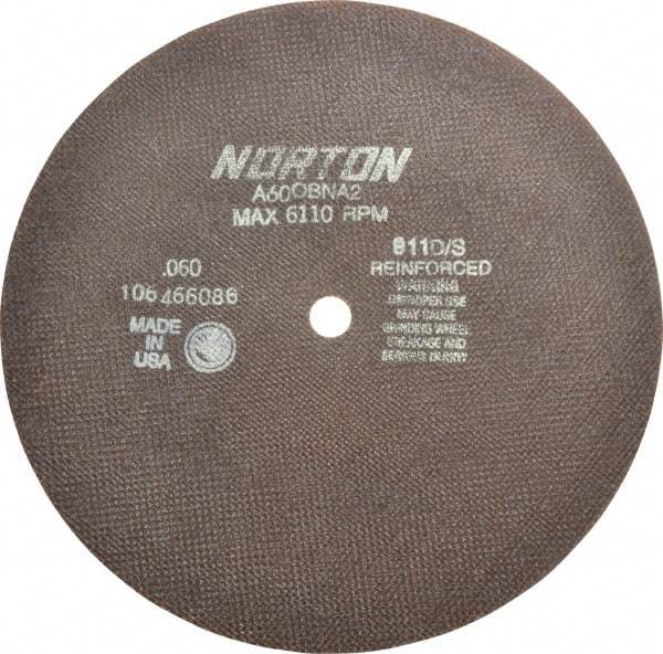 Norton - 10" 60 Grit Aluminum Oxide Cutoff Wheel - 0.06" Thick, 5/8" Arbor, 6,110 Max RPM, Use with Stationary Grinders - Exact Tool & Supply