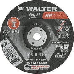 WALTER Surface Technologies - 24 Grit, 4" Wheel Diam, 1/4" Wheel Thickness, 3/8" Arbor Hole, Type 27 Depressed Center Wheel - Aluminum Oxide, Resinoid Bond, 15,000 Max RPM - Exact Tool & Supply