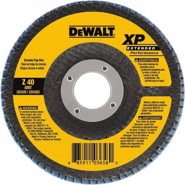 DeWALT - 40 Grit, 7" Disc Diam, 7/8" Center Hole, Type 27 Zirconia Alumina Flap Disc - 8,700 Max RPM, Cloth Backing, Arbor Attaching System, Coated - Exact Tool & Supply