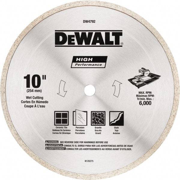 DeWALT - 10" Diam, 5/8" Arbor Hole Diam, Wet & Dry Cut Saw Blade - Diamond-Tipped, Standard Round Arbor - Exact Tool & Supply