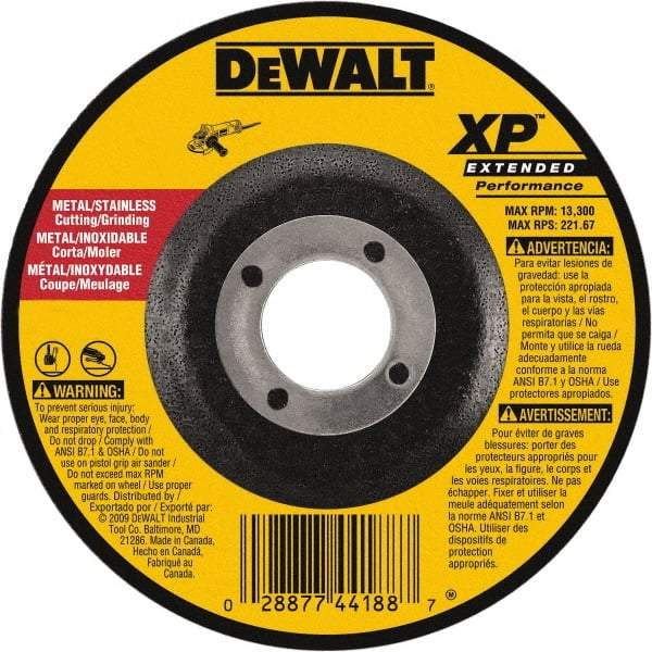 DeWALT - 24 Grit, 5" Wheel Diam, 1/8" Wheel Thickness, 7/8" Arbor Hole, Type 27 Depressed Center Wheel - Zirconia Alumina, Resinoid Bond, 12,200 Max RPM, Compatible with Angle Grinder - Exact Tool & Supply