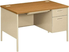 Hon - Laminate/Metal Right Pedestal Desk with Center Drawer - 48" Wide x 30" Deep x 29" High, Harvest/Putty - Exact Tool & Supply