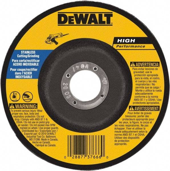 DeWALT - 30 Grit, 6" Wheel Diam, 1/8" Wheel Thickness, 7/8" Arbor Hole, Type 27 Depressed Center Wheel - Aluminum Oxide, 10,100 Max RPM, Compatible with Angle Grinder - Exact Tool & Supply