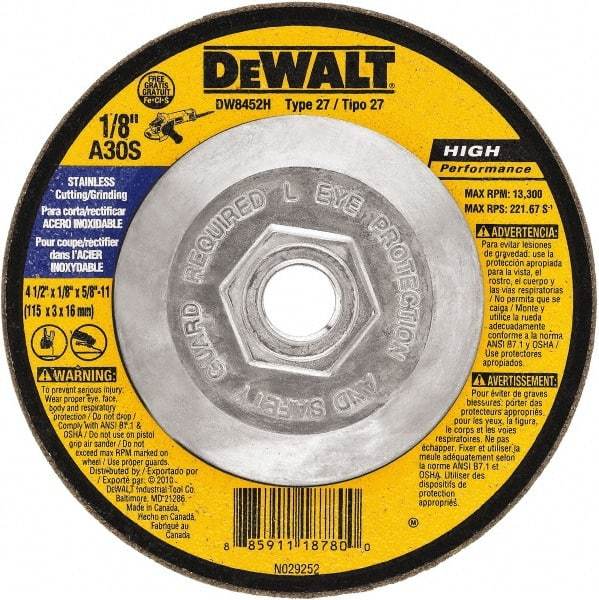 DeWALT - 30 Grit, 7" Wheel Diam, 1/8" Wheel Thickness, Type 27 Depressed Center Wheel - Aluminum Oxide, 8,700 Max RPM, Compatible with Angle Grinder - Exact Tool & Supply