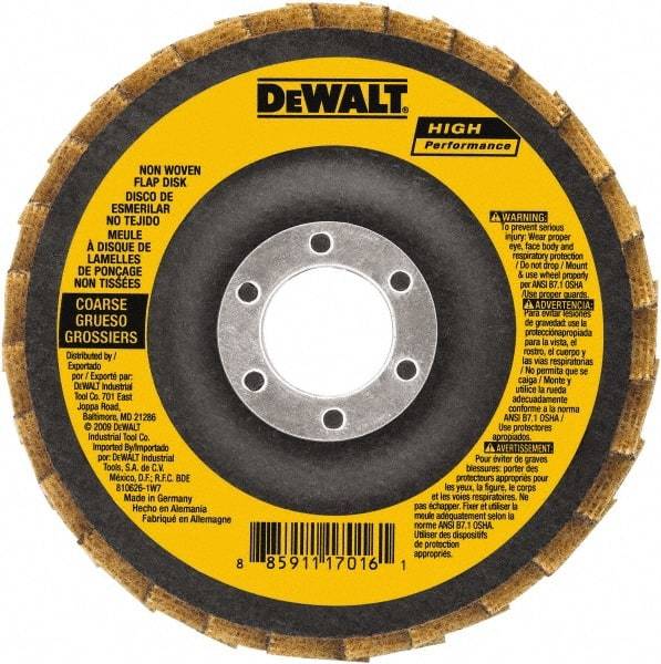DeWALT - 100 Grit, 4-1/2" Disc Diam, 7/8" Center Hole, Type 27 Aluminum Oxide Flap Disc - 13,300 Max RPM, Fiberglass Backing, Arbor Attaching System, Non-Woven - Exact Tool & Supply