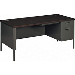 Hon - Plastic Laminated Top Single Pedestal with Right Hand Return Desk with Center Drawer - 66" Wide x 30" Deep x 29-1/2" High, Mahogany/Charcoal - Exact Tool & Supply