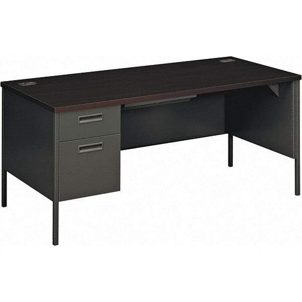 Hon - Plastic Laminated Top Single Pedestal Desk with Center Drawer - 66" Wide x 30" Deep x 29-1/2" High, Mahogany/Charcoal - Exact Tool & Supply