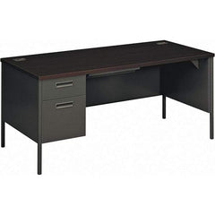 Hon - Plastic Laminated Top Single Pedestal Desk with Center Drawer - 66" Wide x 30" Deep x 29-1/2" High, Mahogany/Charcoal - Exact Tool & Supply