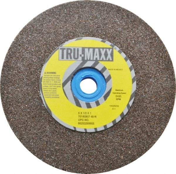 Tru-Maxx - 60 Grit Aluminum Oxide Bench & Pedestal Grinding Wheel - 5" Diam x 1" Hole x 1/2" Thick, 6495 Max RPM, O Hardness, Medium Grade , Vitrified Bond - Exact Tool & Supply