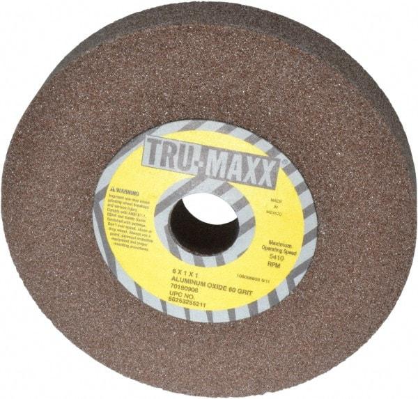 Tru-Maxx - 60 Grit Aluminum Oxide Bench & Pedestal Grinding Wheel - 6" Diam x 1" Hole x 1" Thick, 5410 Max RPM, O Hardness, Medium Grade , Vitrified Bond - Exact Tool & Supply