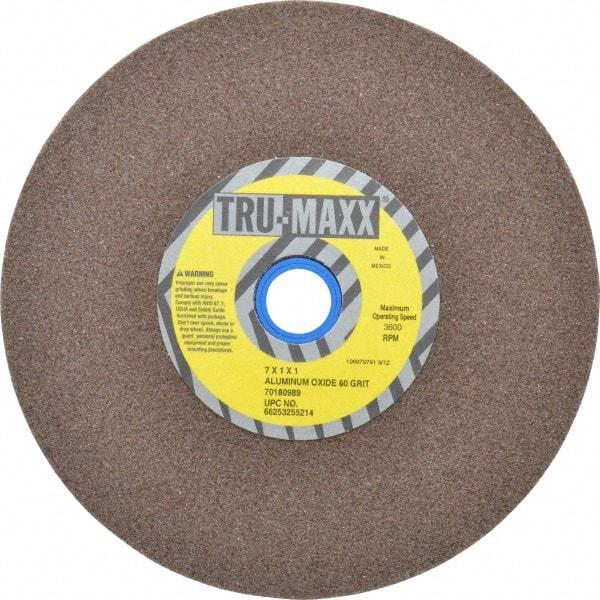 Tru-Maxx - 60 Grit Aluminum Oxide Bench & Pedestal Grinding Wheel - 7" Diam x 1" Hole x 1" Thick, 3600 Max RPM, O Hardness, Medium Grade , Vitrified Bond - Exact Tool & Supply