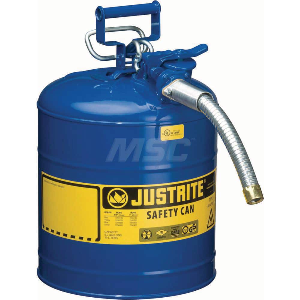 Justrite - Safety Dispensing Cans; Capacity: 5 Gal. ; Material: Steel ; Color: Blue ; Height (Decimal Inch): 17.500000 ; Diameter/Length (mm): 11.75 ; Approval Listing/Regulations: FM Approved; UL; ULC; TUV - Exact Tool & Supply
