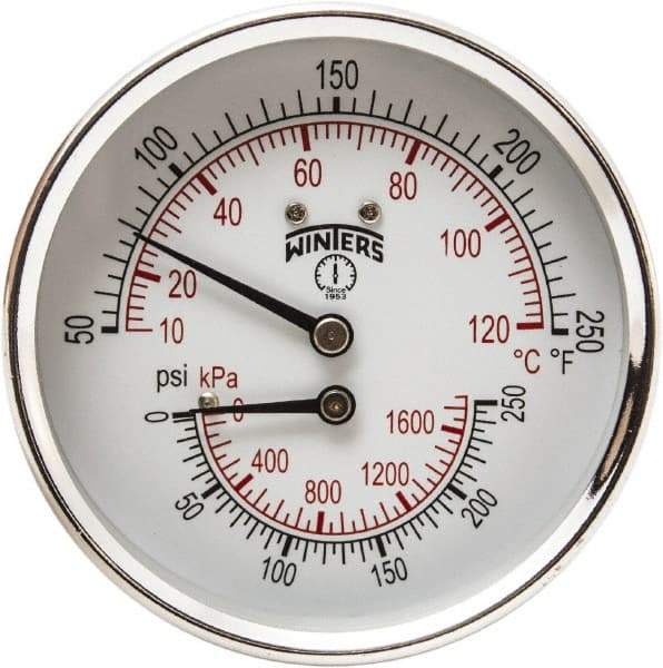 Winters - 3" Dial, 1/2 Thread, 0-250 Scale Range, Pressure Gauge - Center Back Connection Mount, Accurate to 0.03% of Scale - Exact Tool & Supply