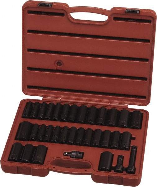 Paramount - 33 Piece 1/2" Drive Standard Deep Impact Socket Set - 6 Points, 3/8 to 1-1/4", 10 to 27mm, Inch/Metric Measurement Standard - Exact Tool & Supply