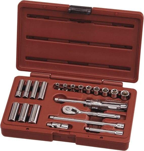 Paramount - 21 Piece 1/4" Drive Chrome Vanadium Finish Deep Well Socket Set - 6 Points, 3/16" to 1/2" Range, Inch Measurement Standard - Exact Tool & Supply