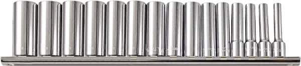 Paramount - 15 Piece 1/2" Drive Chrome Vanadium Finish Deep Well Socket Set - 12 Points, 3/8" to 1-1/4" Range, Inch Measurement Standard - Exact Tool & Supply