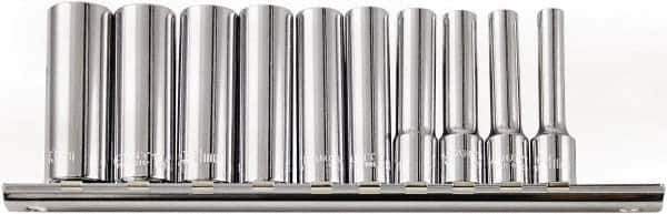 Paramount - 10 Piece 1/4" Drive Chrome Vanadium Finish Deep Well Socket Set - 6 Points, 4mm to 13mm Range, Metric Measurement Standard - Exact Tool & Supply