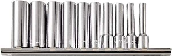 Paramount - 10 Piece 1/4" Drive Chrome Vanadium Finish Deep Well Socket Set - 6 Points, 3/16" to 9/16" Range, Inch Measurement Standard - Exact Tool & Supply