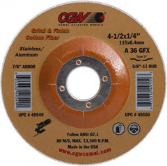 Camel Grinding Wheels - 36 Grit, 4-1/2" Wheel Diam, 1/4" Wheel Thickness, Type 27 Depressed Center Wheel - Medium Grade, Aluminum Oxide, 13,300 Max RPM - Exact Tool & Supply
